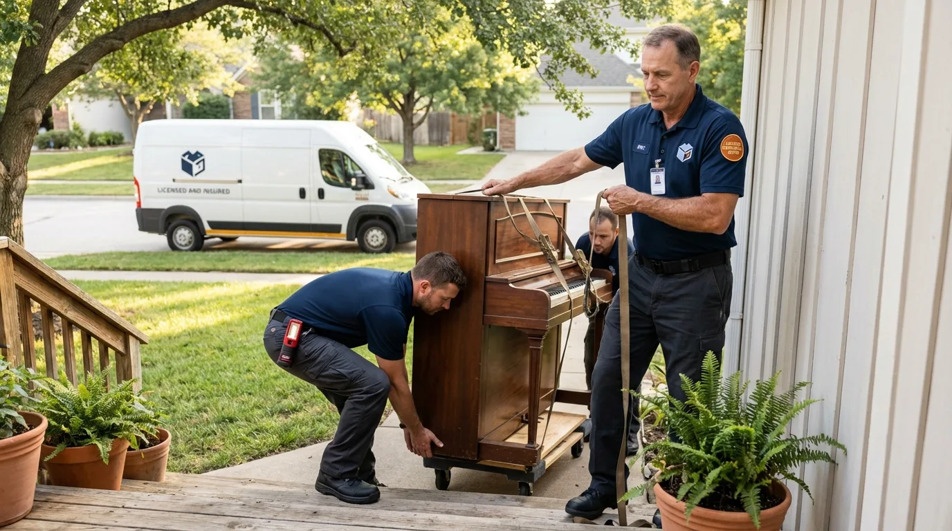 Licensed piano movers securing grand piano in Rising Sun, MD