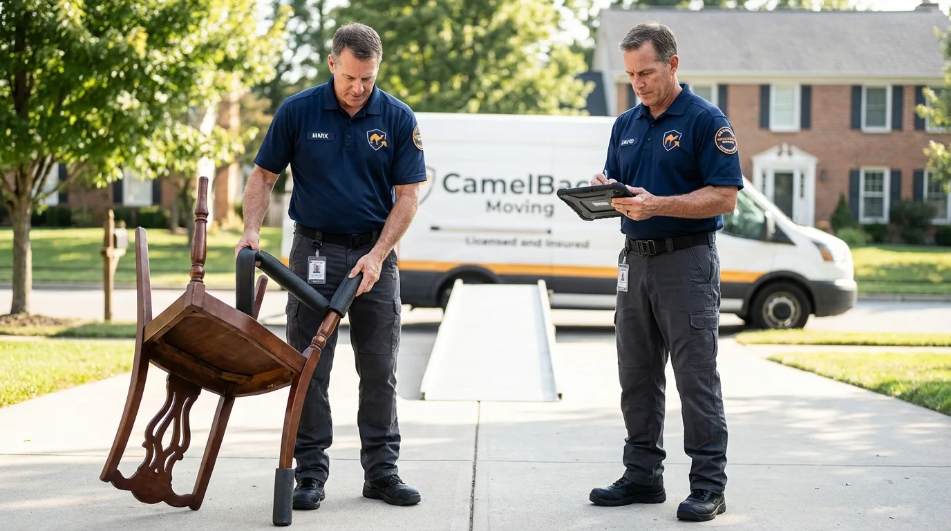 Movers inspecting furniture for damage prevention before loading in Rising Sun, MD
