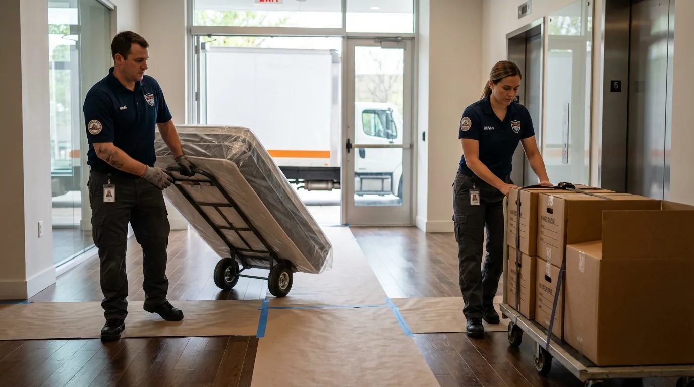 Professional apartment movers loading elevator in Rising Sun, MD