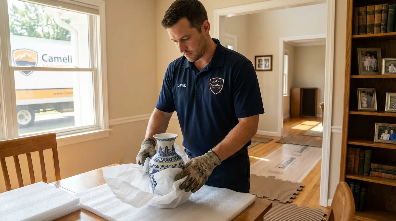 Professional crew carefully wrapping antique vase for senior downsizing move in Rising Sun, MD